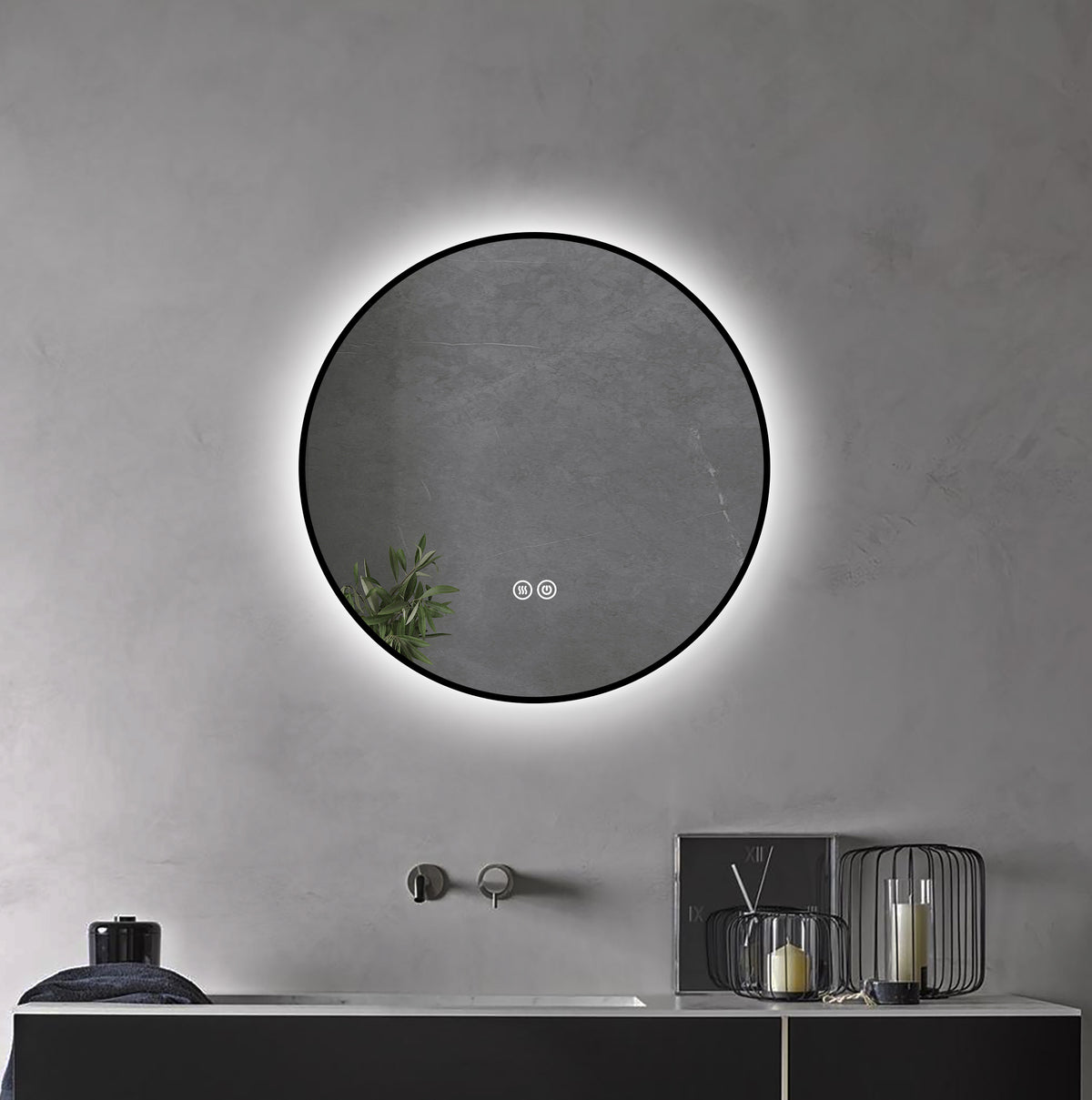 600mm Dia Round Matt Black Frame Backlit Led Mirror Bathroom Vanity Mirror
