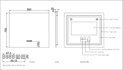 Time and Temp display, 800x700mm Rectangle Frameless Backlit Led Mirror Bathroom Vanity Mirror