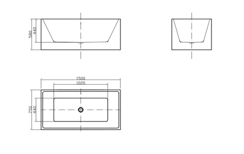 Thin edge No Overflow Sanitary grade Acrylic Recgtangle Free Standing Bathtub 1500x750x580mm