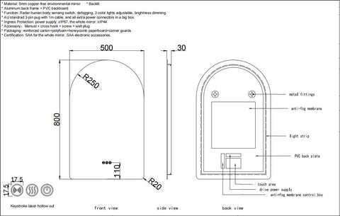 500x800mm Motion Sensor Switch Arch Shape Frameless Backlit Led Mirror Bathroom Vanity Mirror