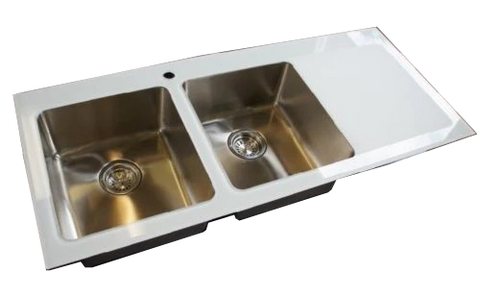 Drainer on RIGHT GLASS Stainless steel kitchen sink double bowl