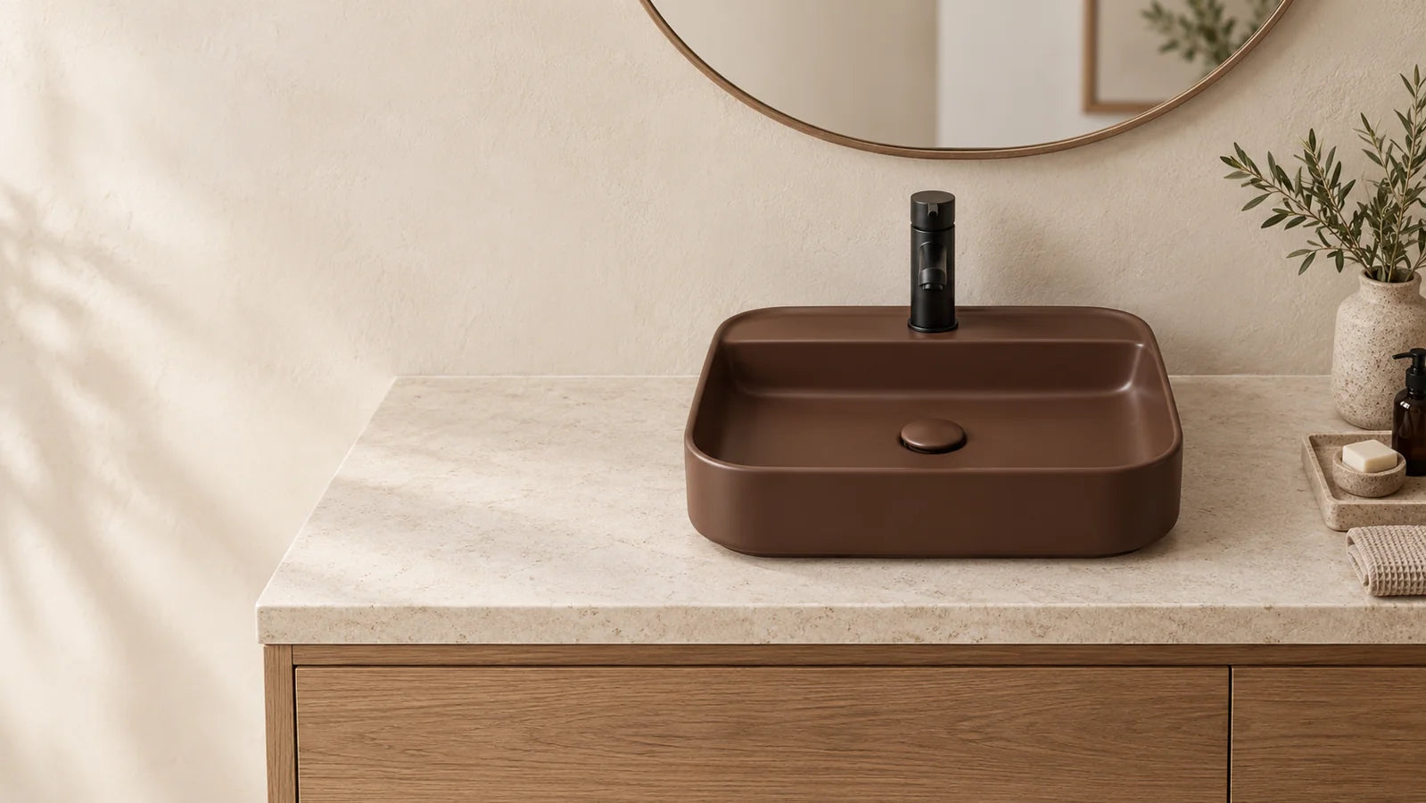 Brown countertop basin in a styled beige bathroom scene