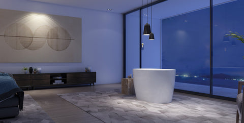 Gloss white D-11 compact freestanding bathtub in a contemporary bathroom