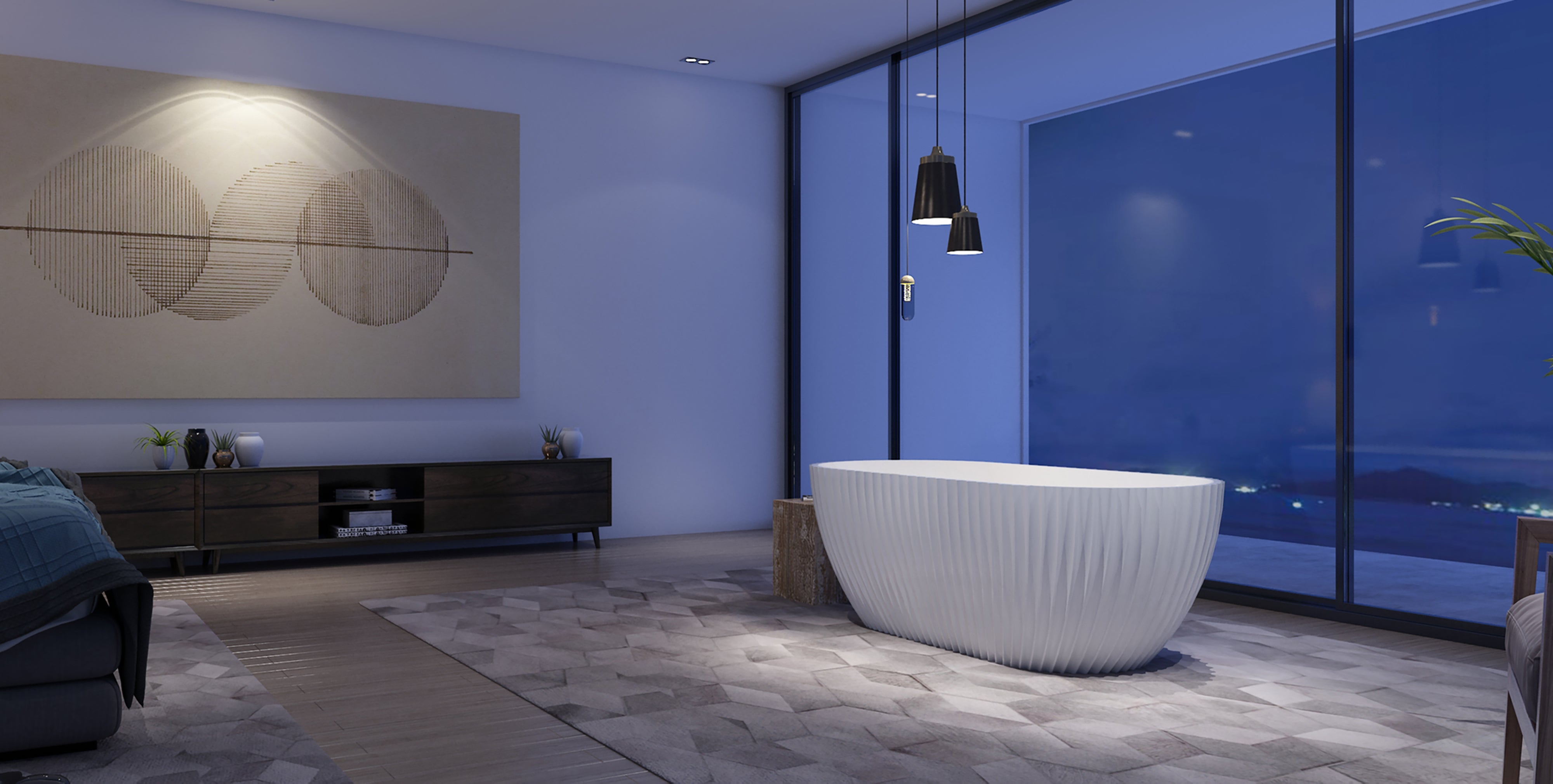 Gloss white DF-17 fluted freestanding bathtub in a contemporary bathroom
