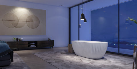Gloss white DF-17 fluted freestanding bathtub in a contemporary bathroom