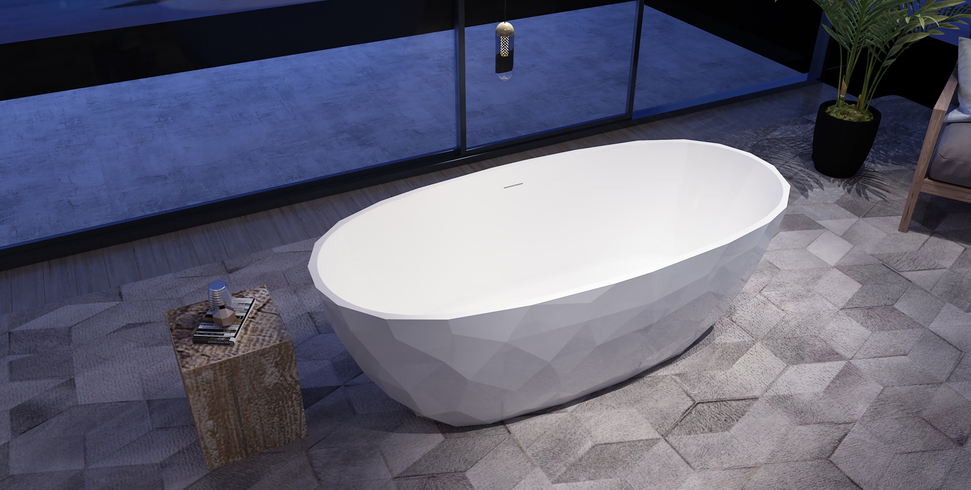 Gloss white DZ-15 faceted rhombus freestanding bathtub in a contemporary bathroom