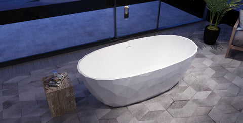 Gloss white DZ-15 faceted rhombus freestanding bathtub in a contemporary bathroom