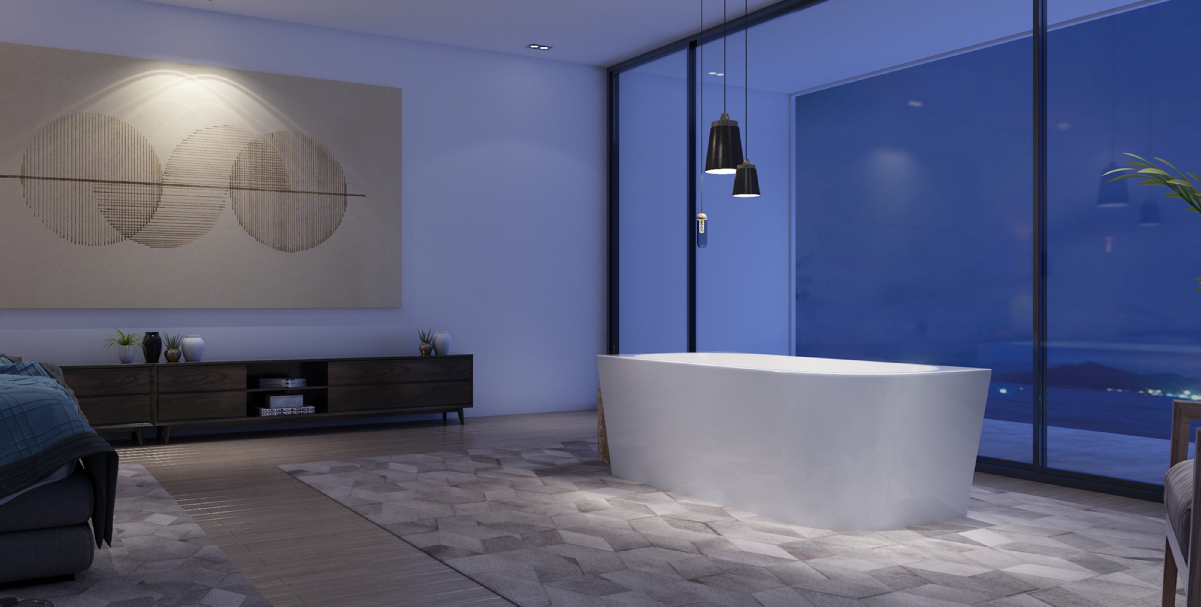 Gloss white J Series left corner bathtub in a contemporary bathroom