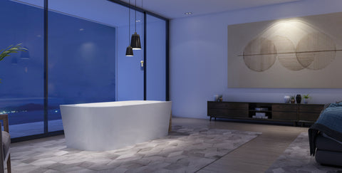 Gloss white J-16R right corner bathtub in a contemporary bathroom