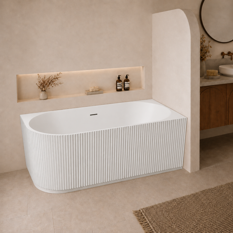 Gloss white fluted corner bathtub in R configuration, warm bathroom lifestyle visualisation