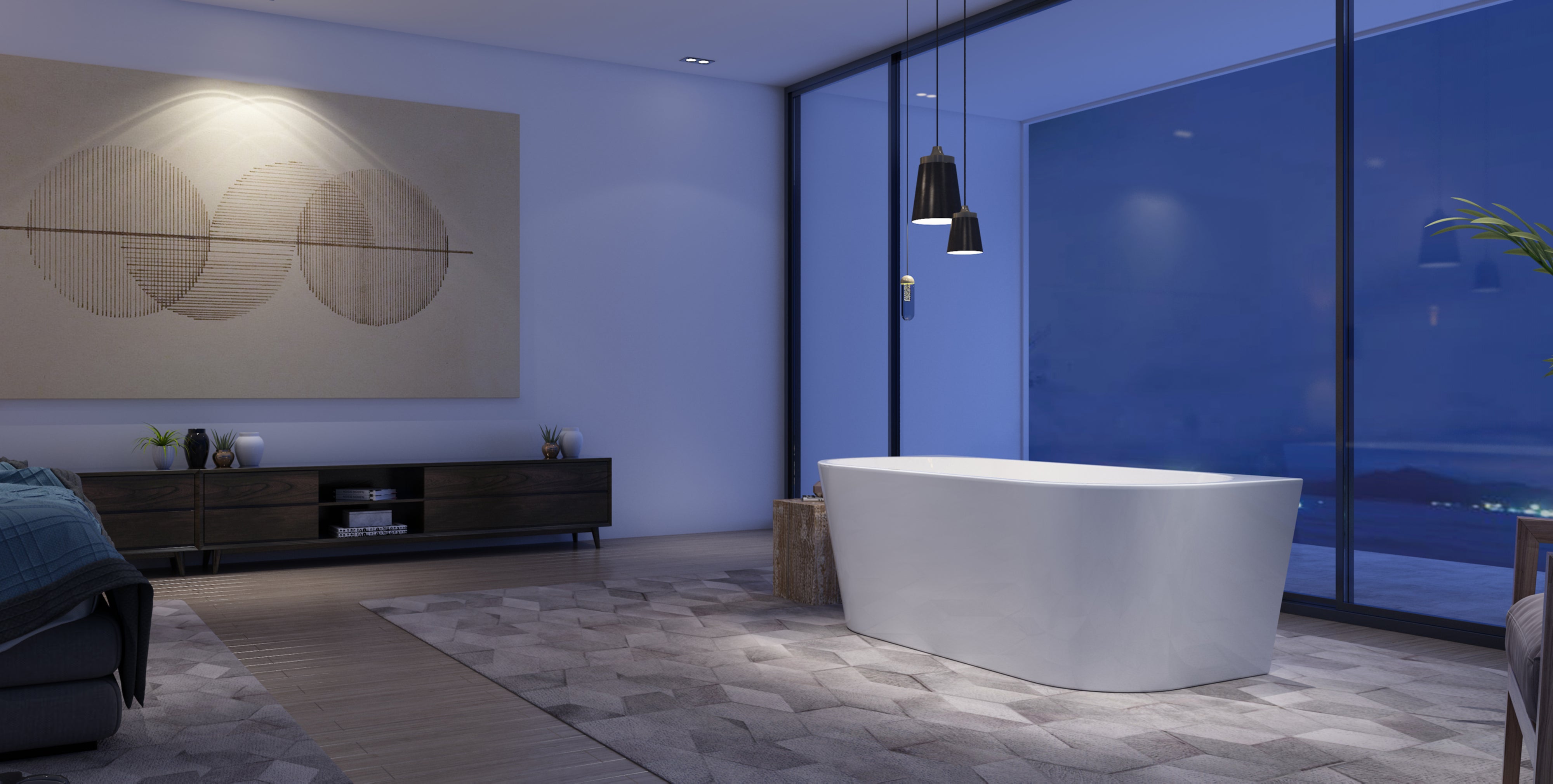Gloss white acrylic Q Series back-to-wall bathtub in a contemporary bathroom