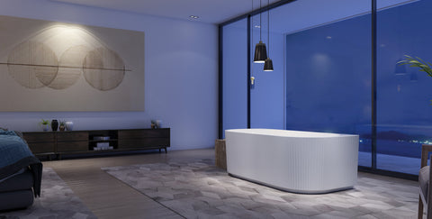 Gloss white QF Series fluted back-to-wall bathtub in a contemporary bathroom