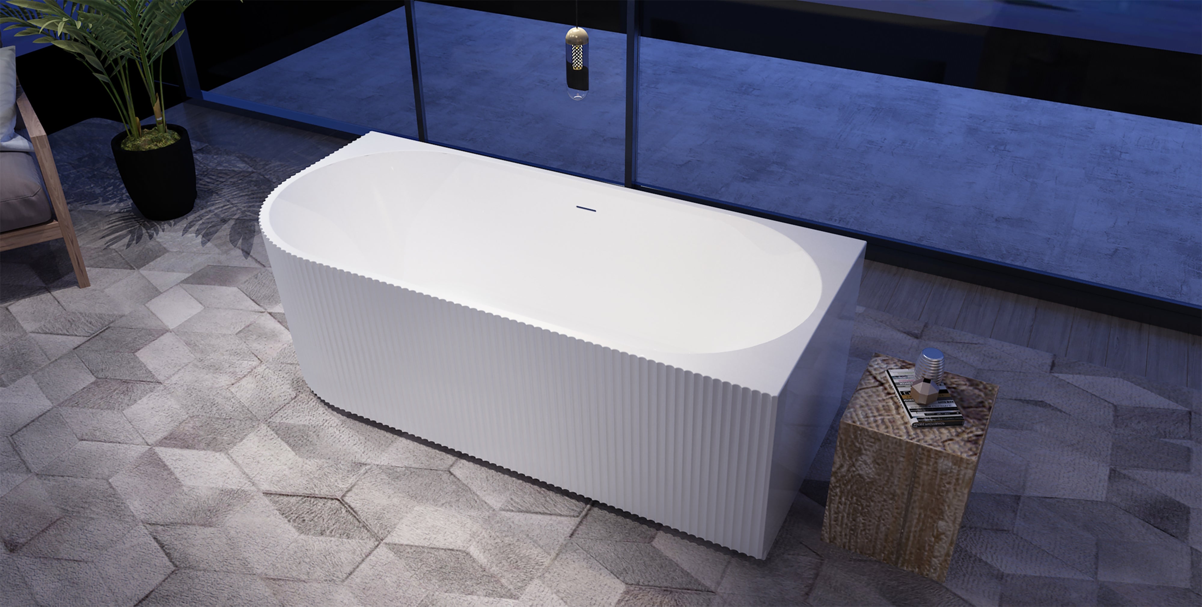 Gloss white fluted corner bathtub front three-quarter supplier rendering