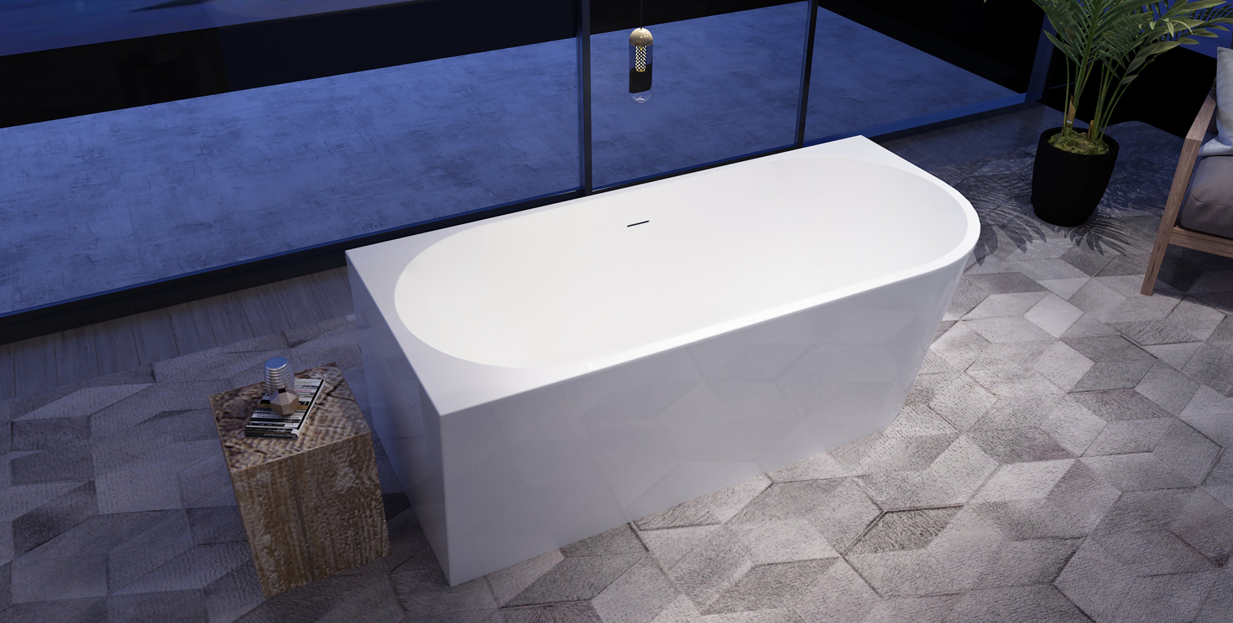 Gloss white J Series left corner bathtub front three-quarter view