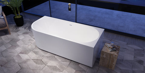 Gloss white fluted corner bathtub front three-quarter supplier rendering