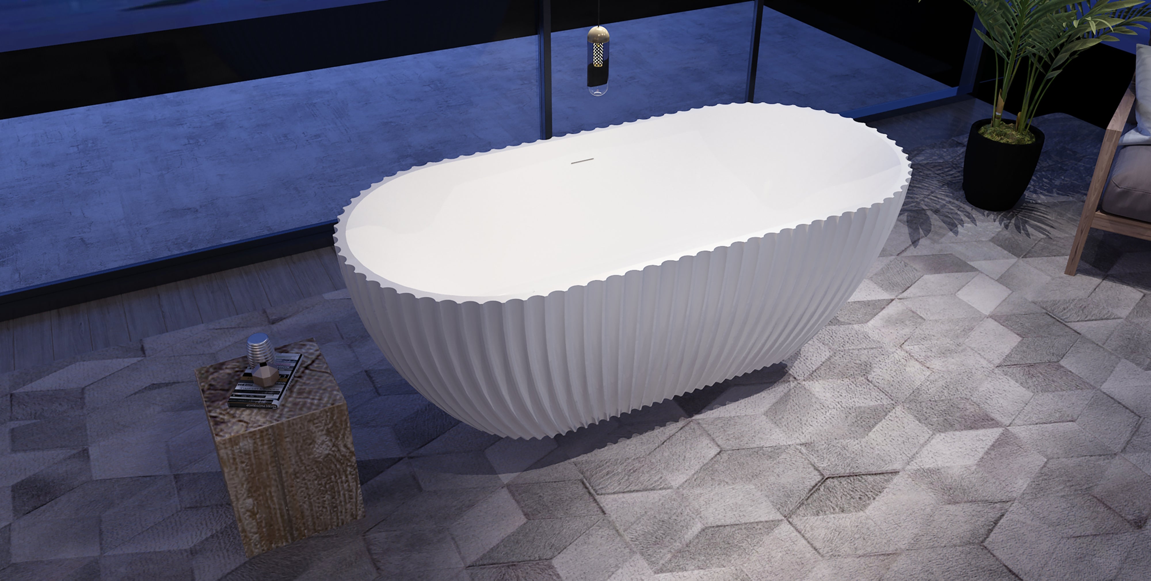 DF-17 fluted freestanding bathtub three-quarter view