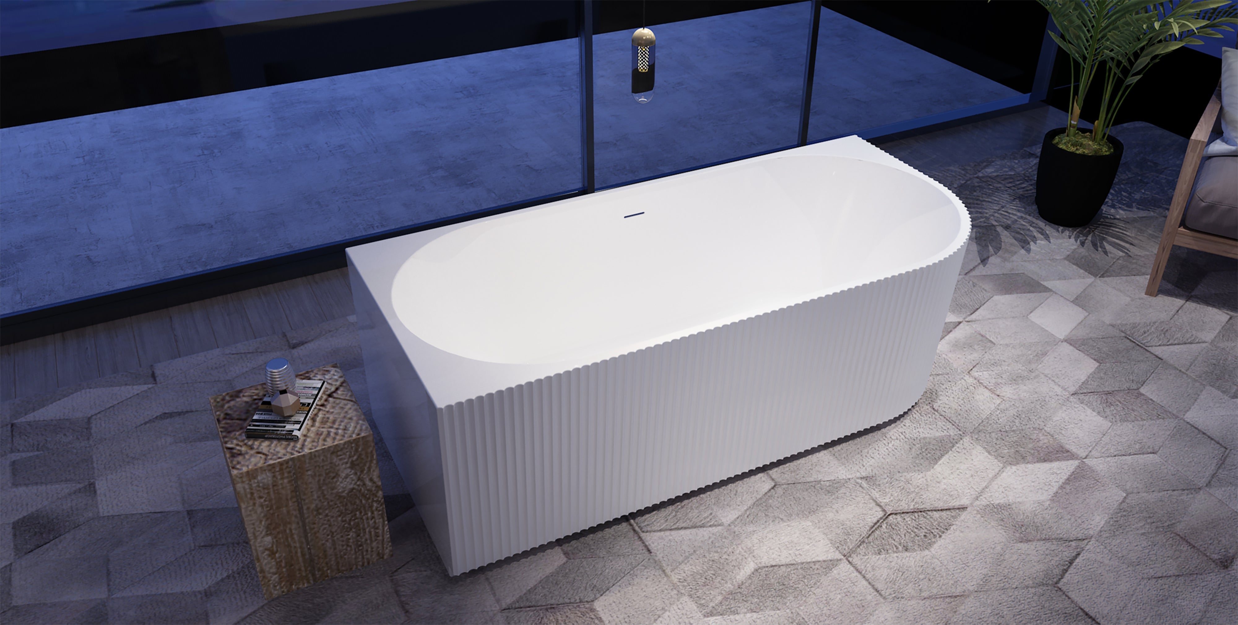 JF Series left corner fluted bathtub three-quarter view