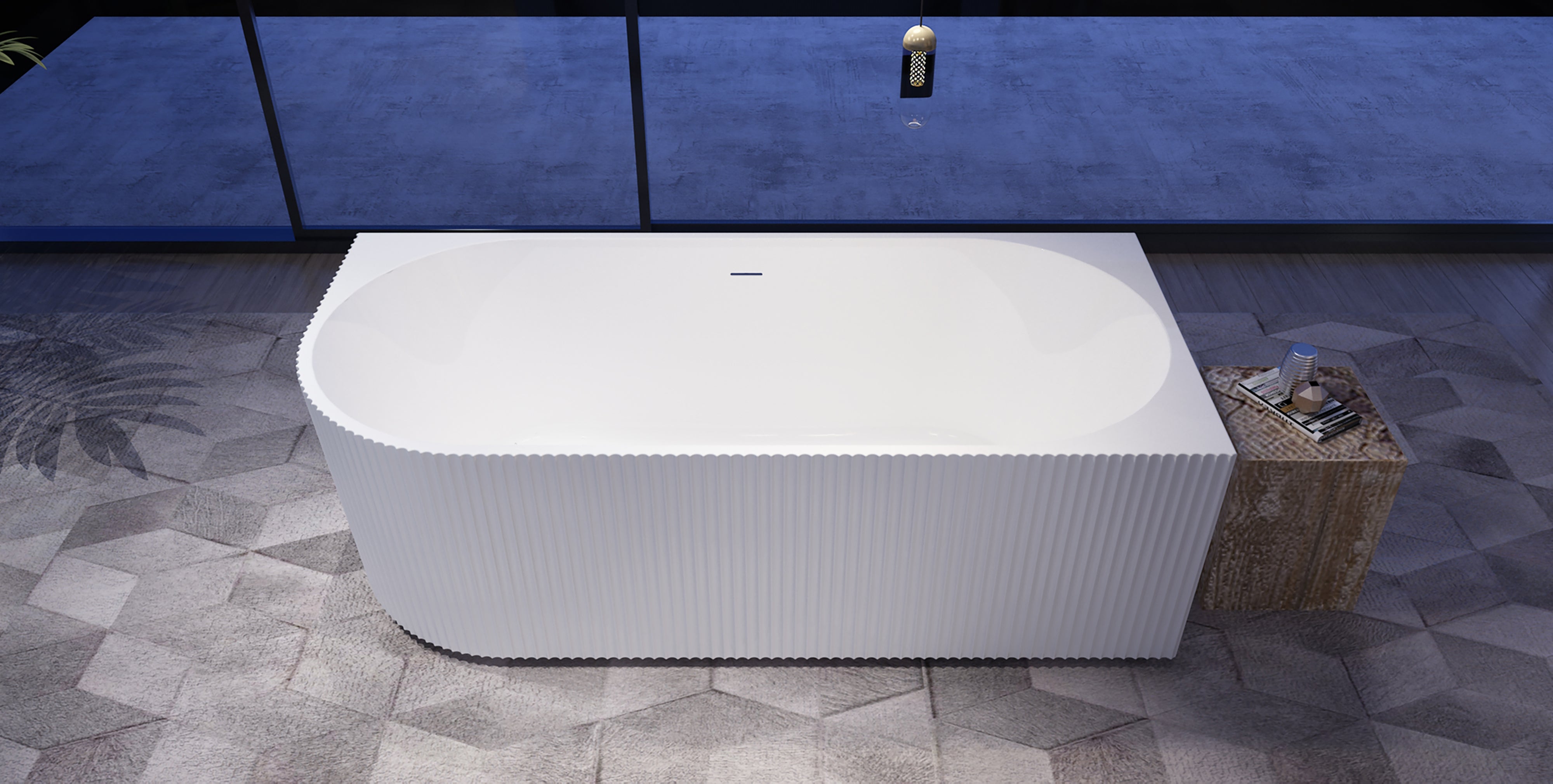 Gloss white fluted corner bathtub bowl and overflow overview