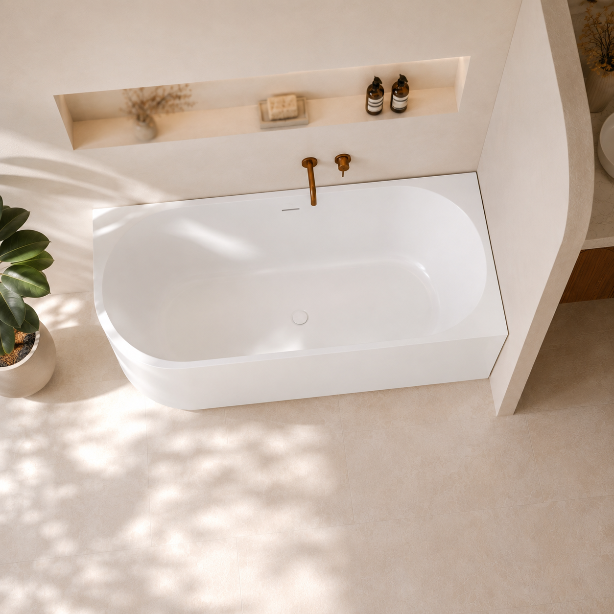 J Series right corner bathtub top view (AI-generated render)