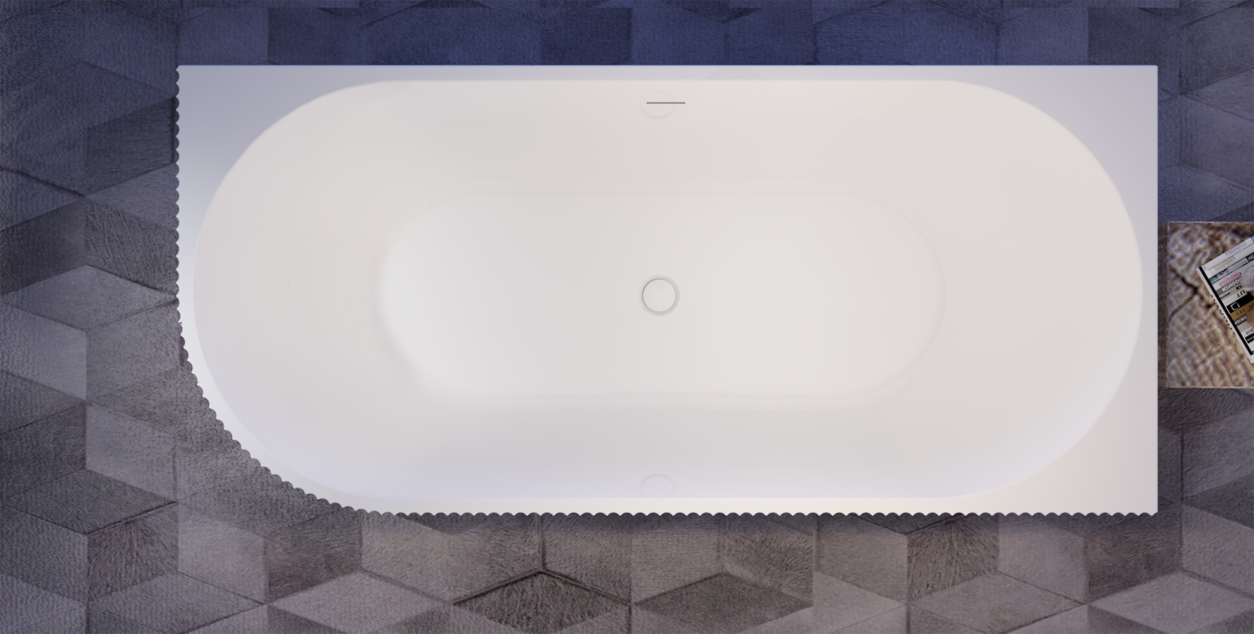 Fluted corner bathtub top view showing central waste and horizontal overflow