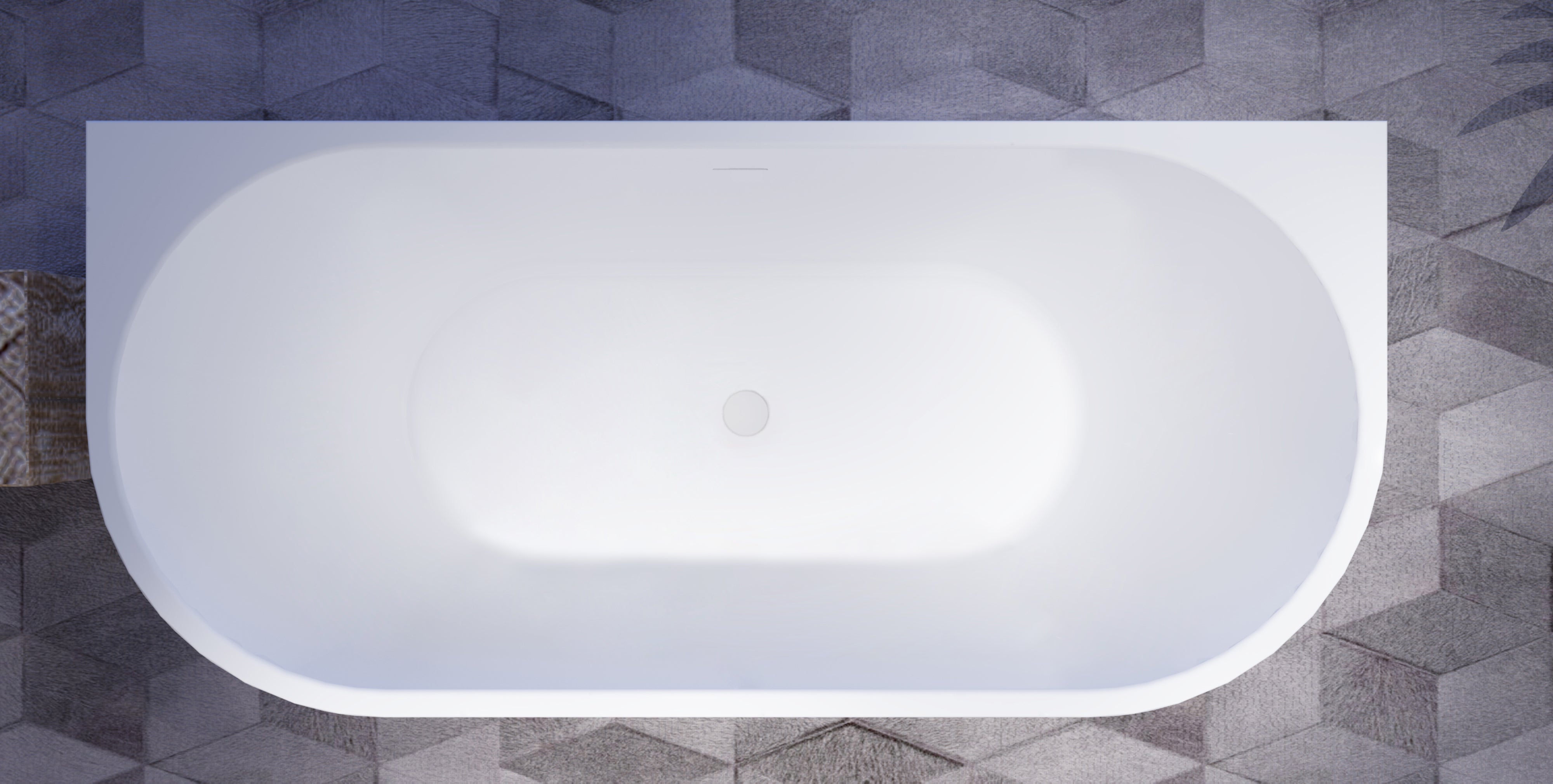 Q Series bathtub top view showing the oval bathing area and waste