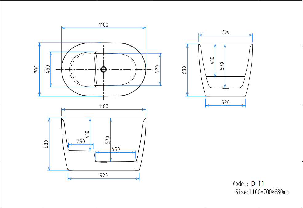 D-11 1100 by 700 by 680 millimetre bathtub with seat dimension drawing