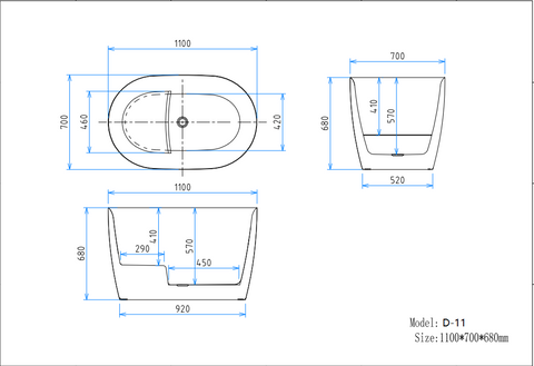 D-11 1100 by 700 by 680 millimetre bathtub with seat dimension drawing
