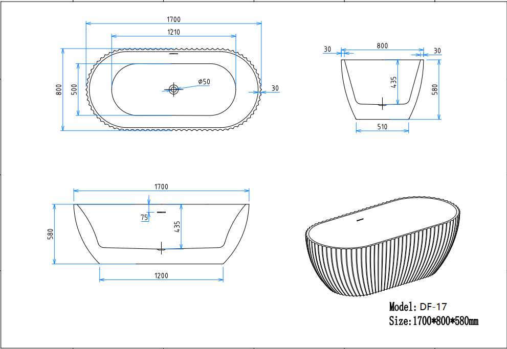 DF-17 1700 by 800 by 580 millimetre fluted bathtub dimension drawing