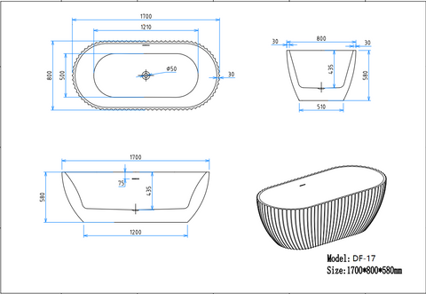 DF-17 1700 by 800 by 580 millimetre fluted bathtub dimension drawing