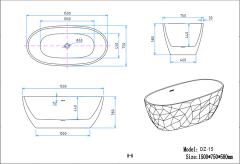 DZ-15 1500 by 750 by 580 millimetre freestanding bathtub dimension drawing
