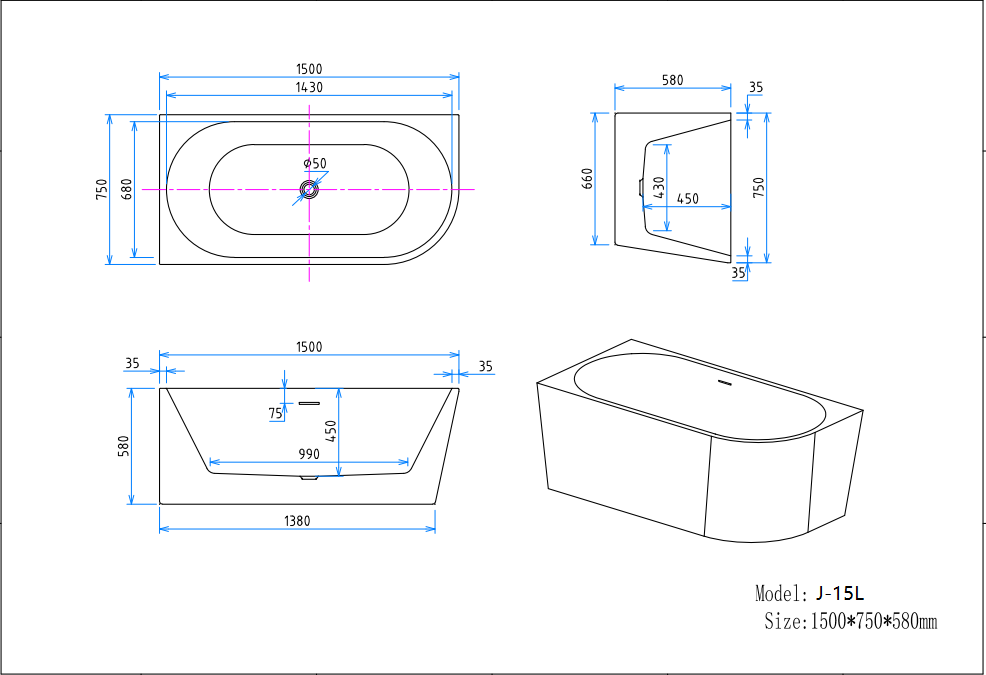 J-15L 1500 by 750 by 580 millimetre left corner bathtub dimension drawing