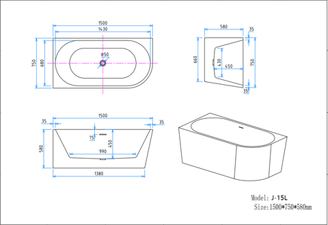 J-15L 1500 by 750 by 580 millimetre left corner bathtub dimension drawing