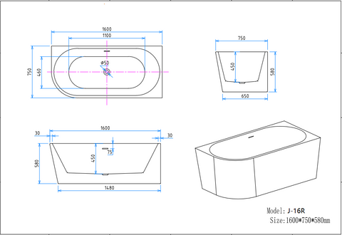 J-16R 1600 by 750 by 580 millimetre right corner bathtub dimension drawing