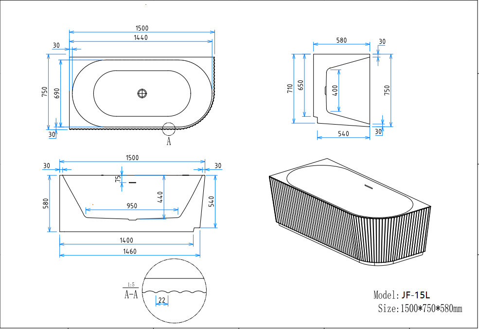 JF-15L 1500 by 750 by 580 millimetre fluted corner bathtub dimension drawing