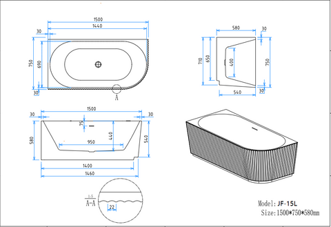 JF-15L 1500 by 750 by 580 millimetre fluted corner bathtub dimension drawing