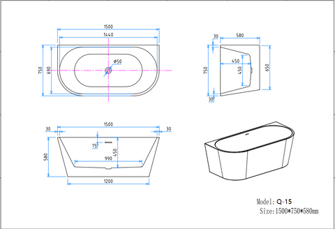 Q-15 1500 by 750 by 580 millimetre bathtub dimension drawing