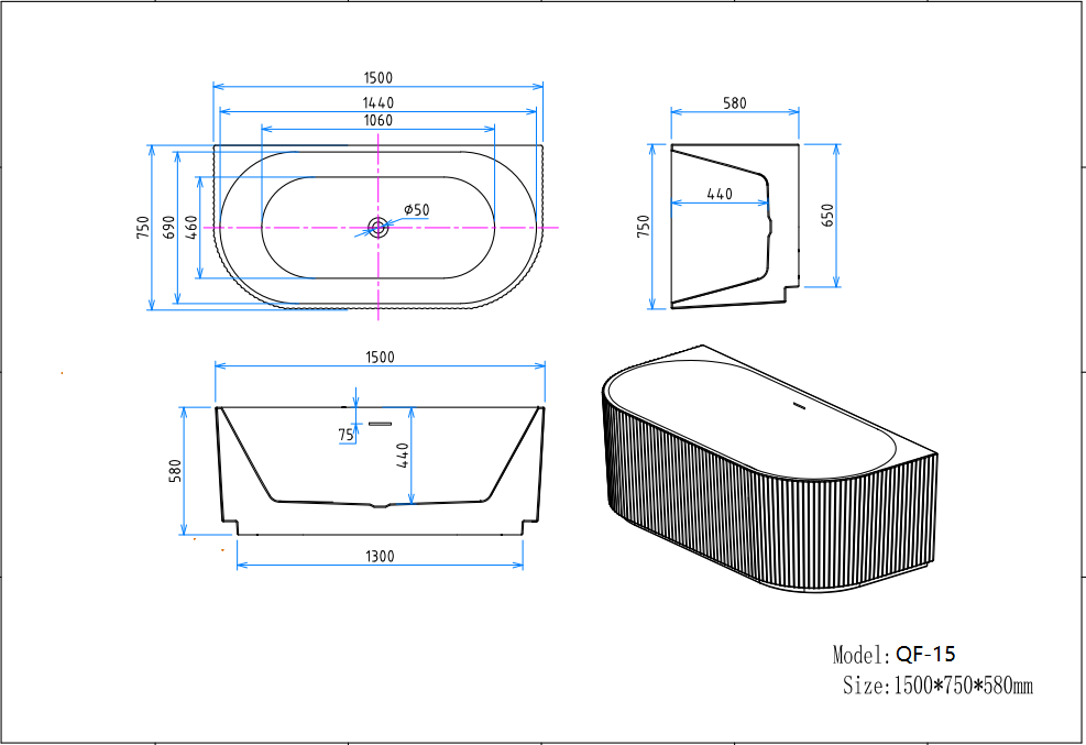 QF-15 1500 by 750 by 580 millimetre fluted bathtub dimension drawing