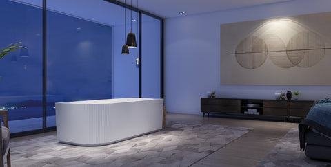 Gloss white fluted corner bathtub in a contemporary bathroom setting