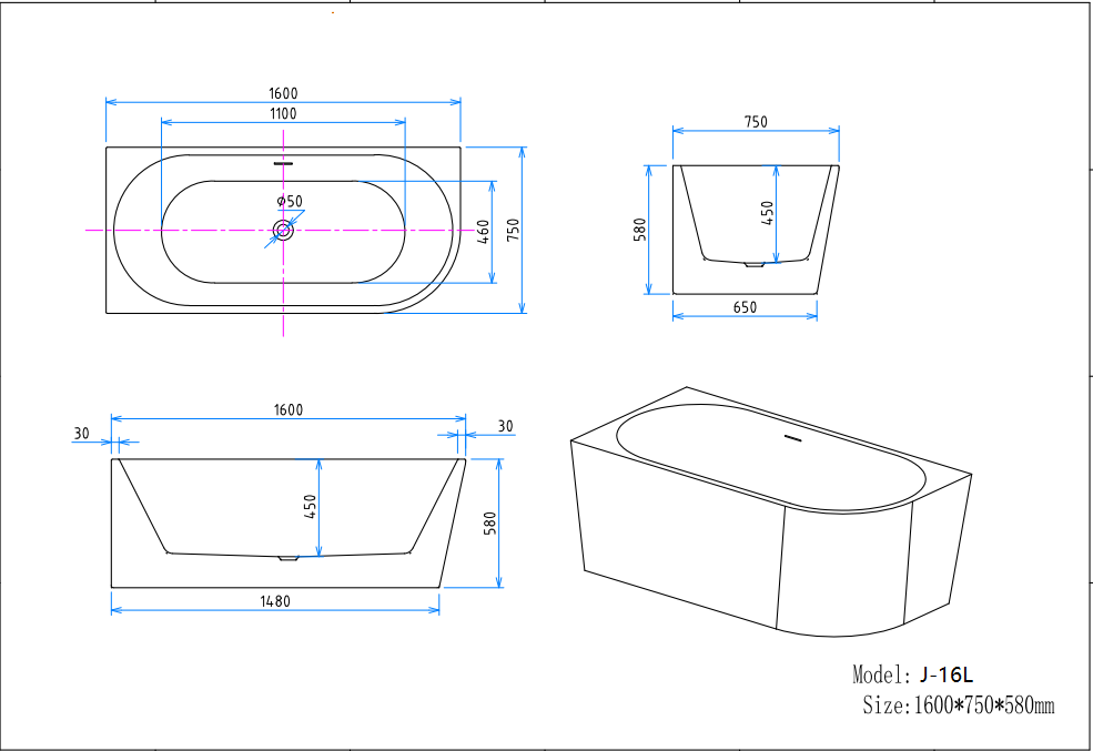 J-16L 1600 by 750 by 580 millimetre left corner bathtub dimension drawing