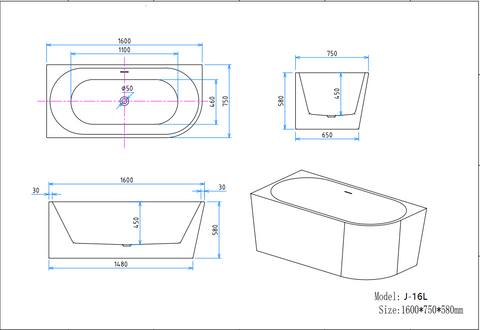 J-16L 1600 by 750 by 580 millimetre left corner bathtub dimension drawing