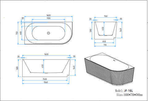 JF-16L 1600 by 750 by 580 millimetre fluted corner bathtub dimension drawing