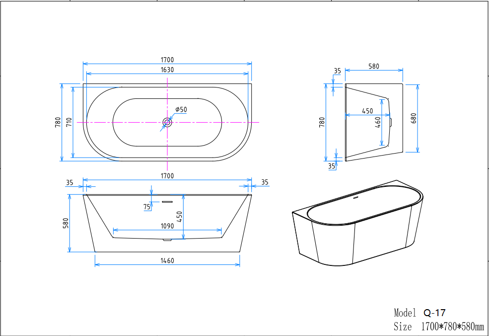Q-17 1700 by 780 by 580 millimetre bathtub dimension drawing