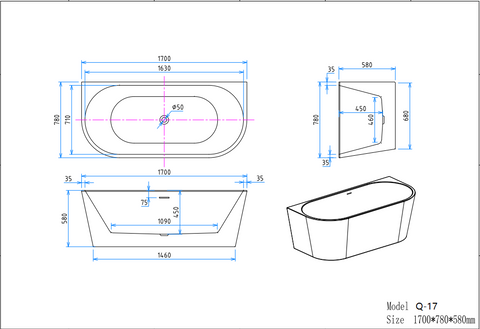 Q-17 1700 by 780 by 580 millimetre bathtub dimension drawing