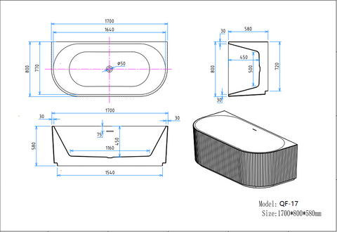 QF-17 1700 by 800 by 580 millimetre fluted bathtub dimension drawing