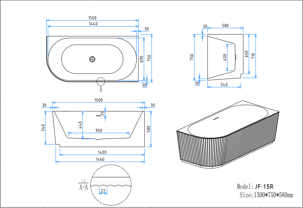 JF-15R 1500 by 750 by 580 millimetre dimension drawing
