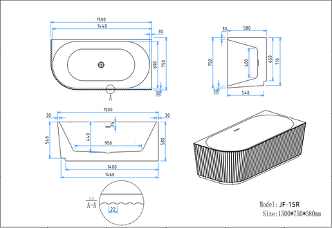 JF-15R 1500 by 750 by 580 millimetre dimension drawing