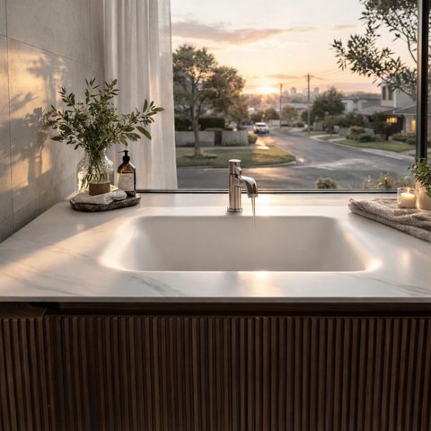 Recta Monoform™ Bench Basin Rectangle bowl Calacatta Sintered Stone Vanity Top Bathroom Variety Sizes