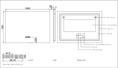 Time and Temp display, 1000x700mm Rectangle Frameless Backlit Led Mirror Bathroom Vanity Mirror