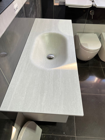 Grey Travertine Caplet 900mm/1200mm Caplet Monoform™ Bench Basin Oval bowl Sintered Stone Vanity Top Bathroom