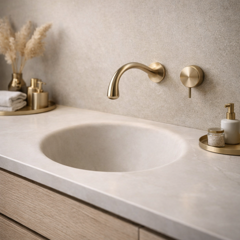 Crater Monoform™ Bench Basin round bowl Beige Oman Sintered Stone Vanity Top Bathroom 1200/1500 Sizes